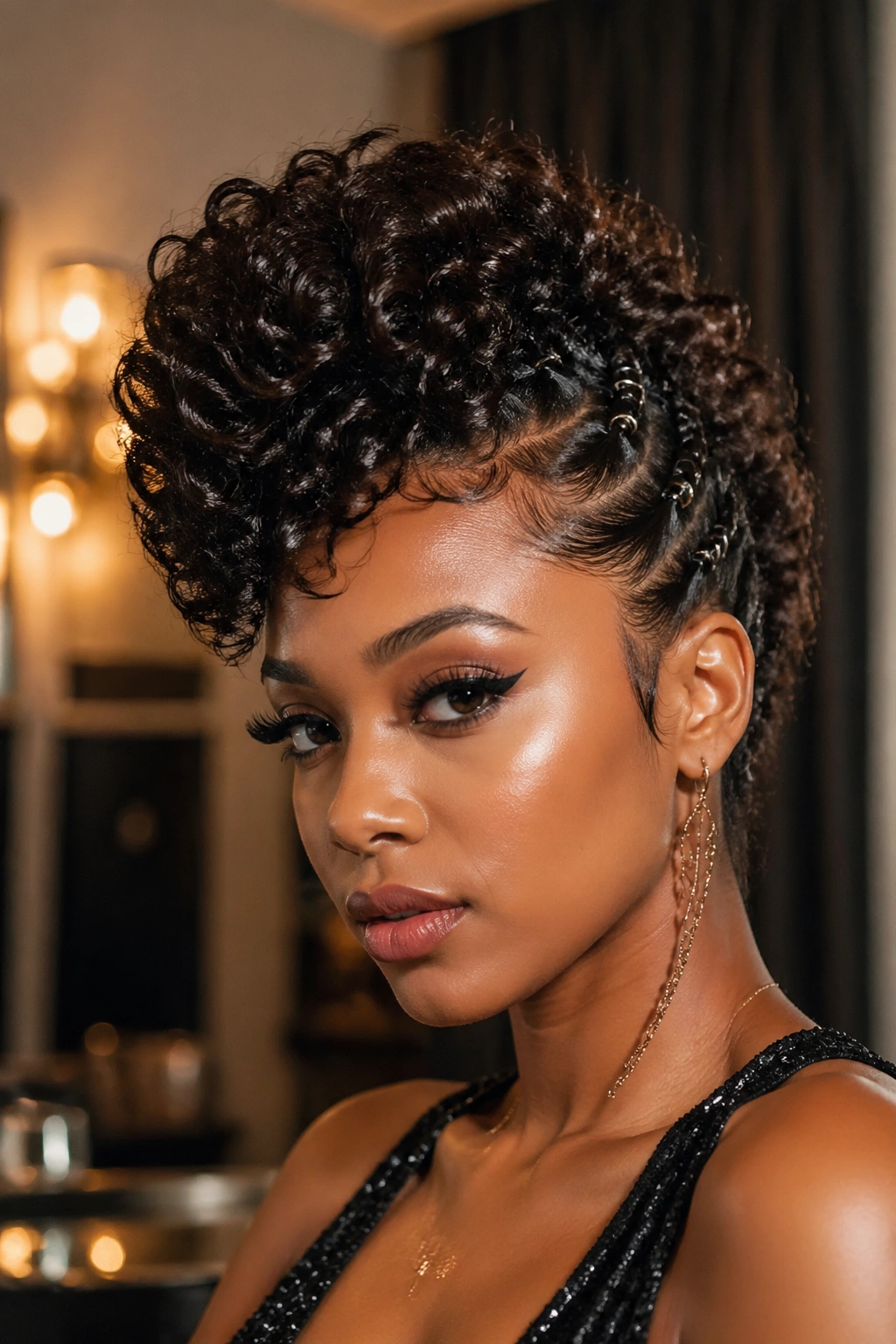 Close-up of a real woman with a curly faux hawk hairstyle
