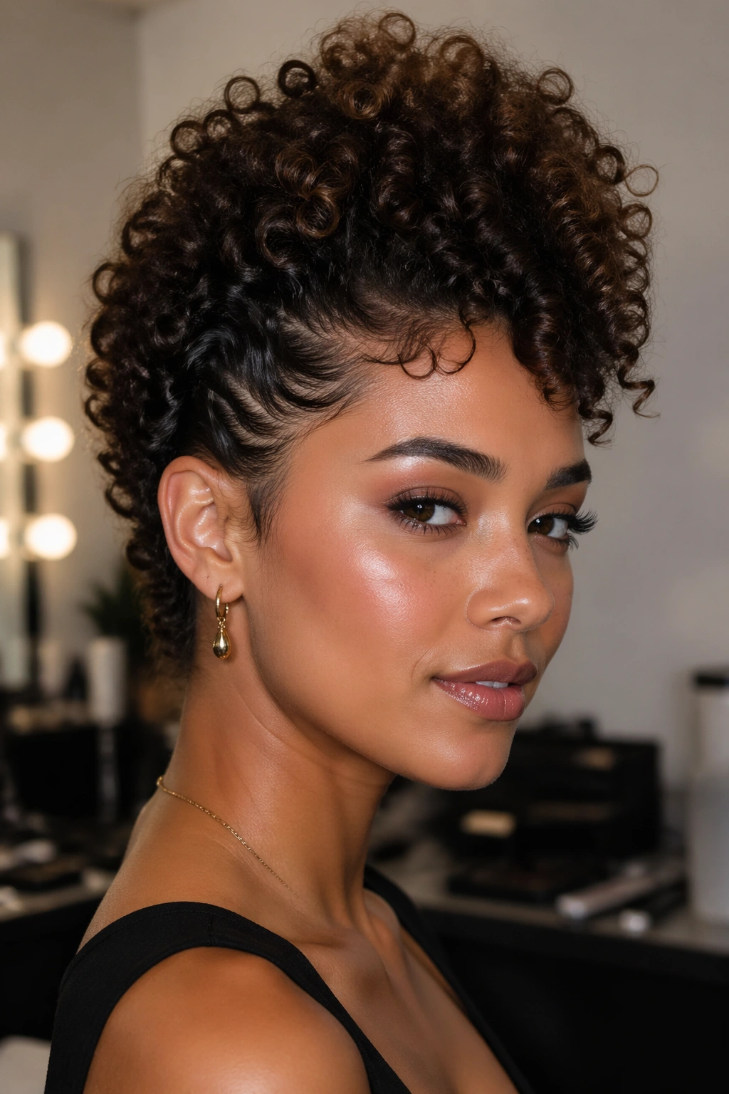 Portrait of a real person with a curly faux hawk hairstyle