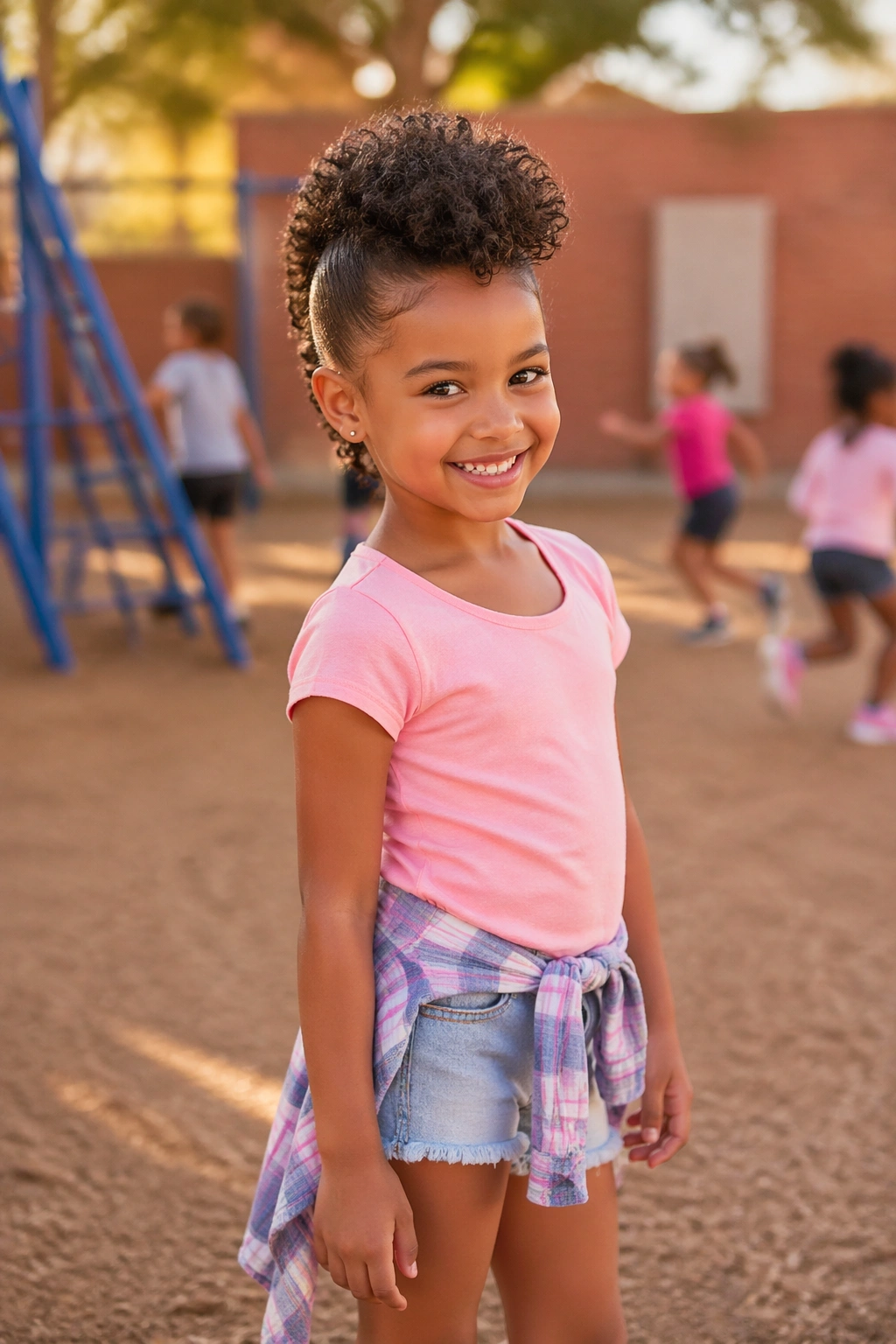 Curly Faux Hawk With Soft Volume: child with soft-volume faux hawk at playground.