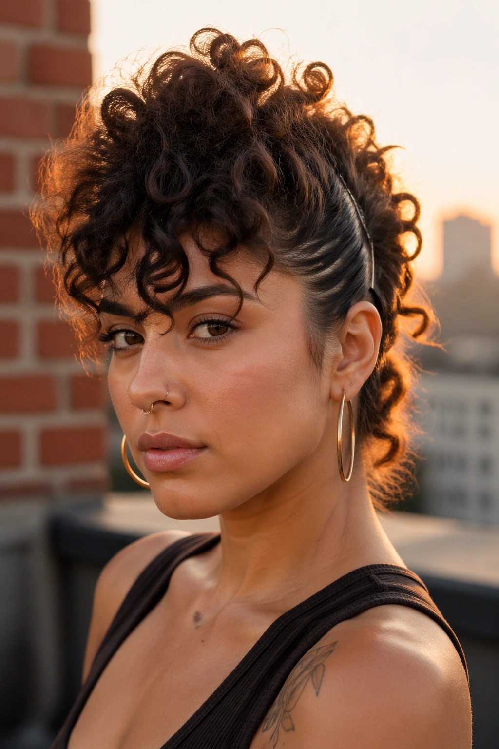 Close-up portrait of a real person with a curly faux hawk and wispy bangs