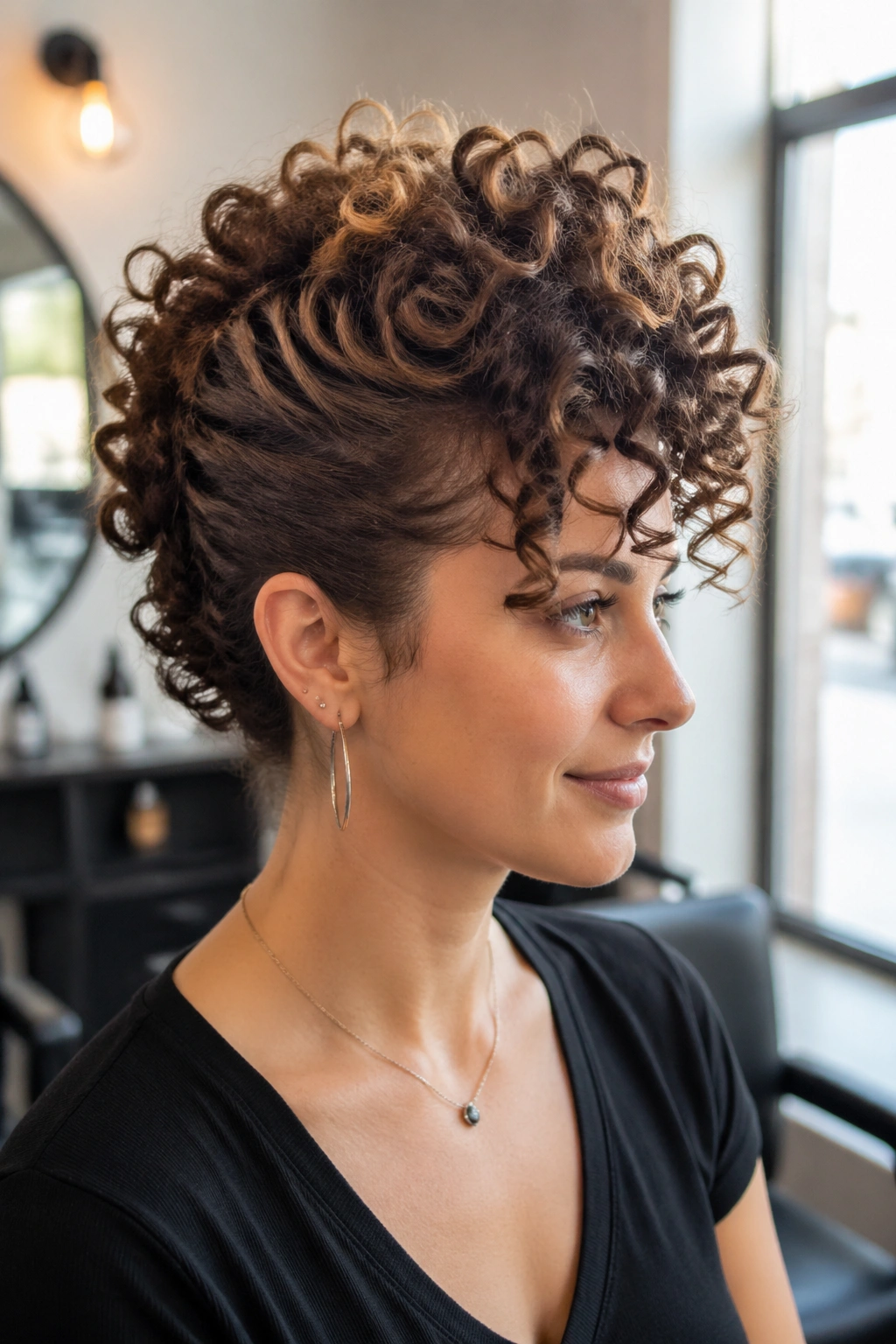 Close-up of a real woman with a curly faux hawk, center ridge and pinned sides.
