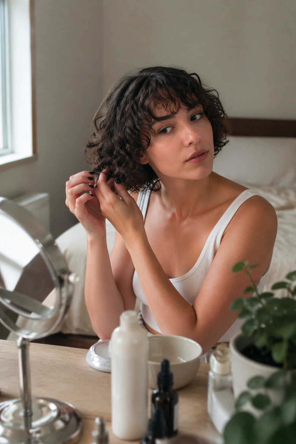Curly French bob with airy fringe in vanity candid
