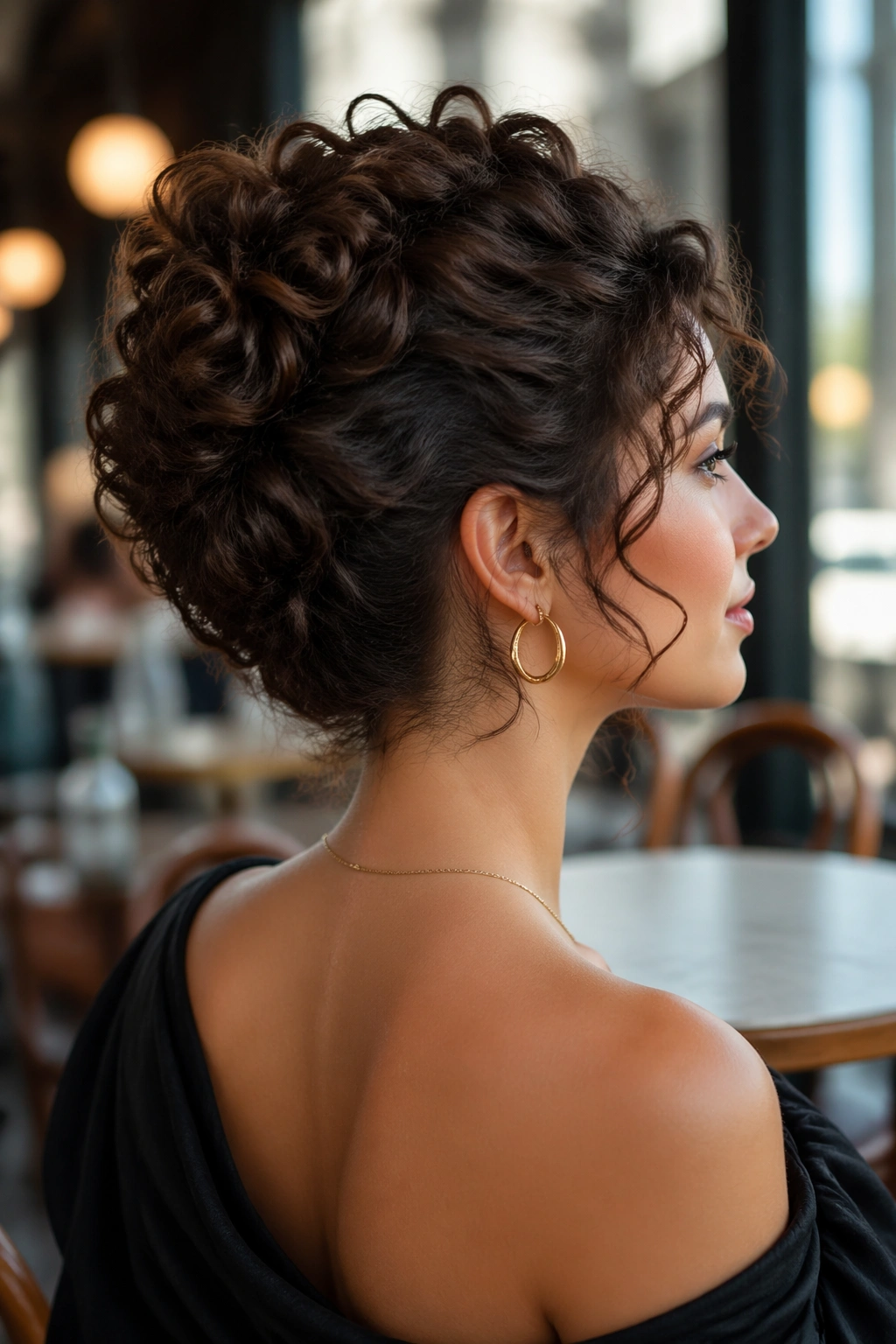 Portrait of a woman with a curly French twist in a cafe setting