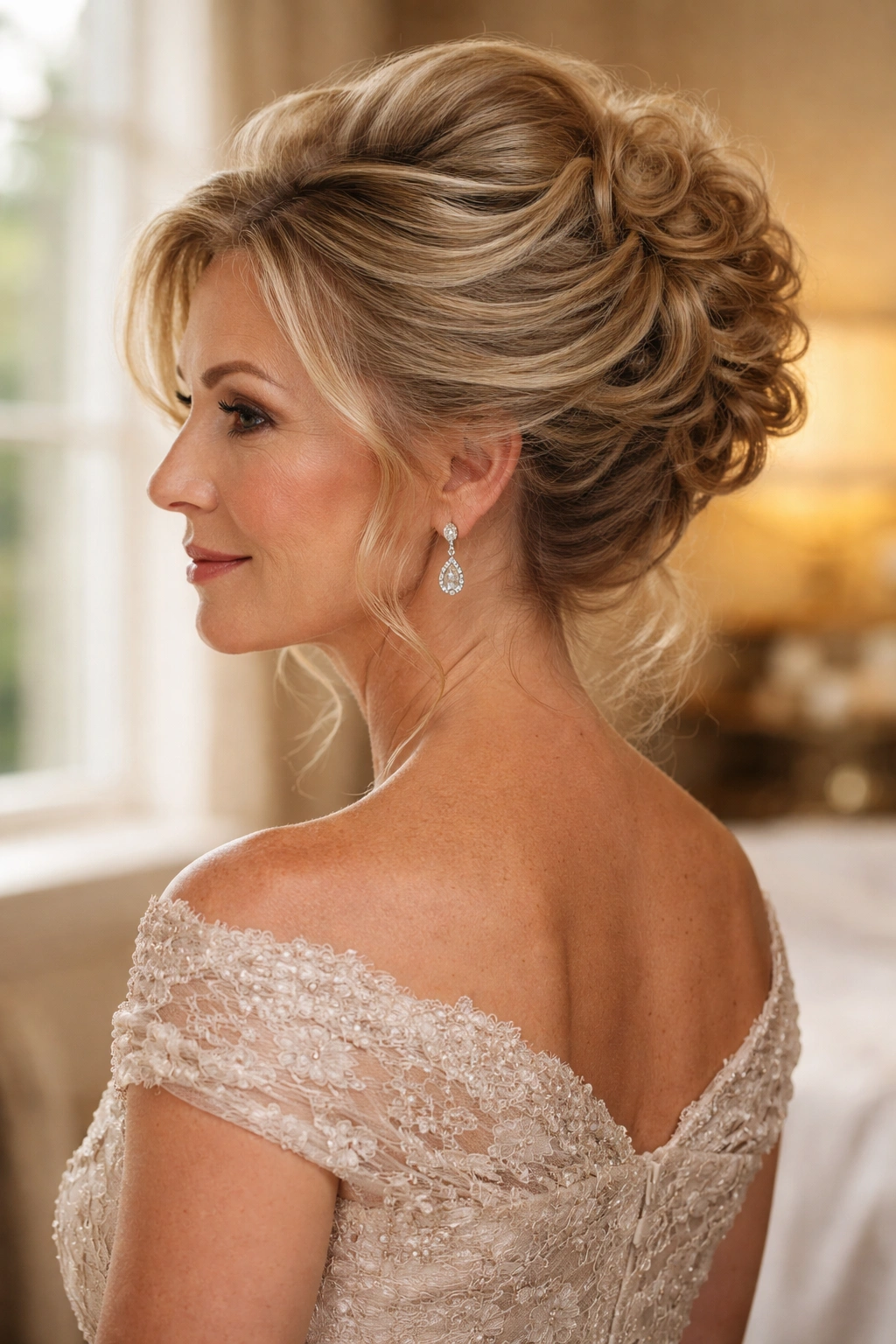 Close-up of a real woman with curly French twist and crown lift