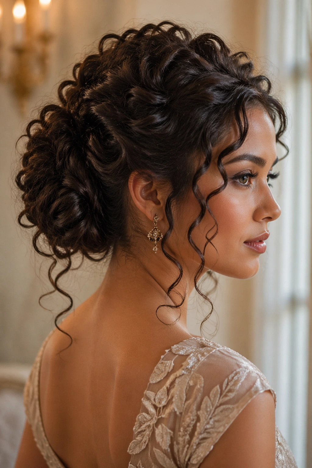 Close-up of woman with curly French twist and tendrils at the temples.