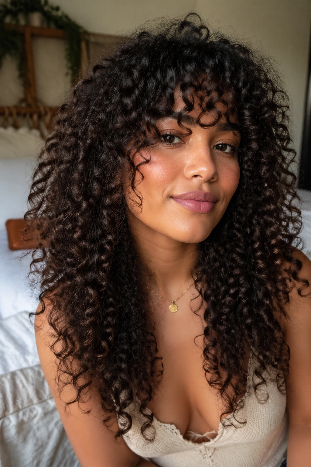 Close-up of a real bride with a curly fringe and down curls framing the face