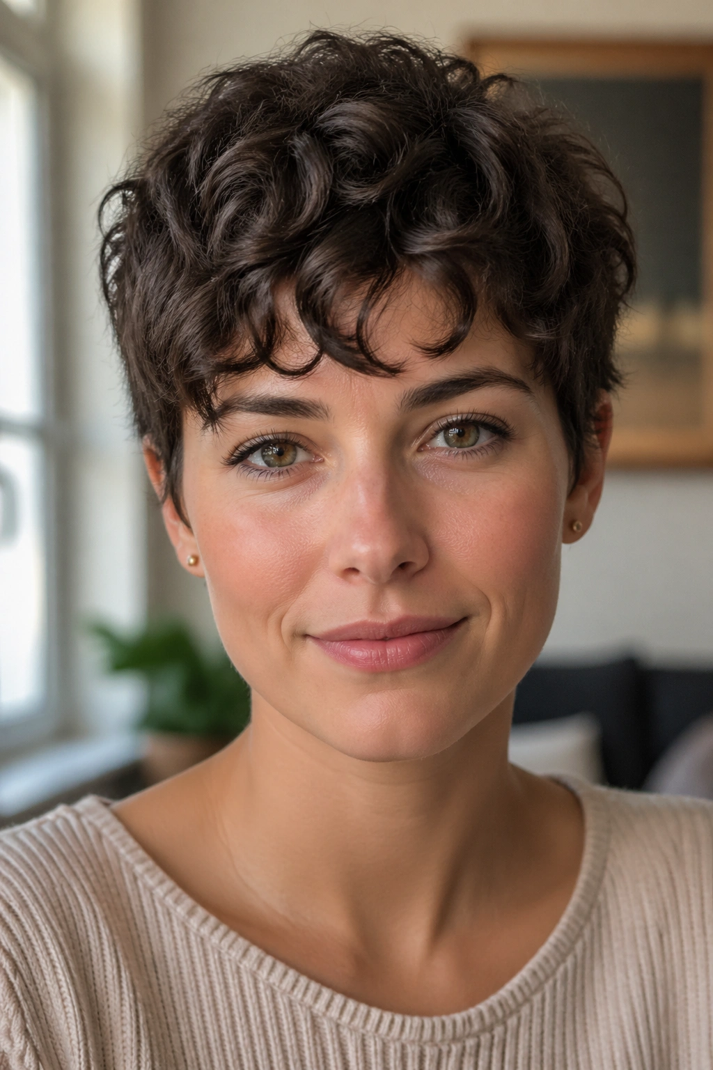 Close-up of real woman with curly-fringe pixie and soft fringe