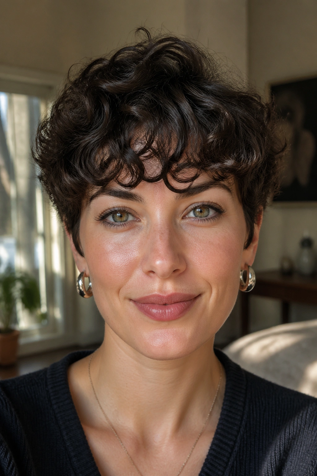 Close-up of a real woman with a curly fringe pixie showing front curls framing the face