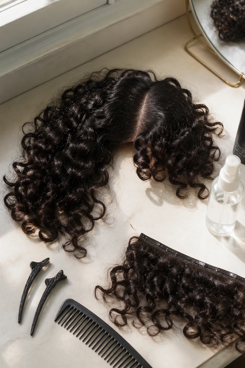 Side-parted curls with curved fringe piece on dressing table.