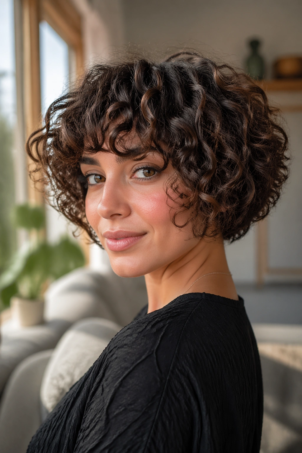 Close-up portrait of real woman with curly fringe stacked bob