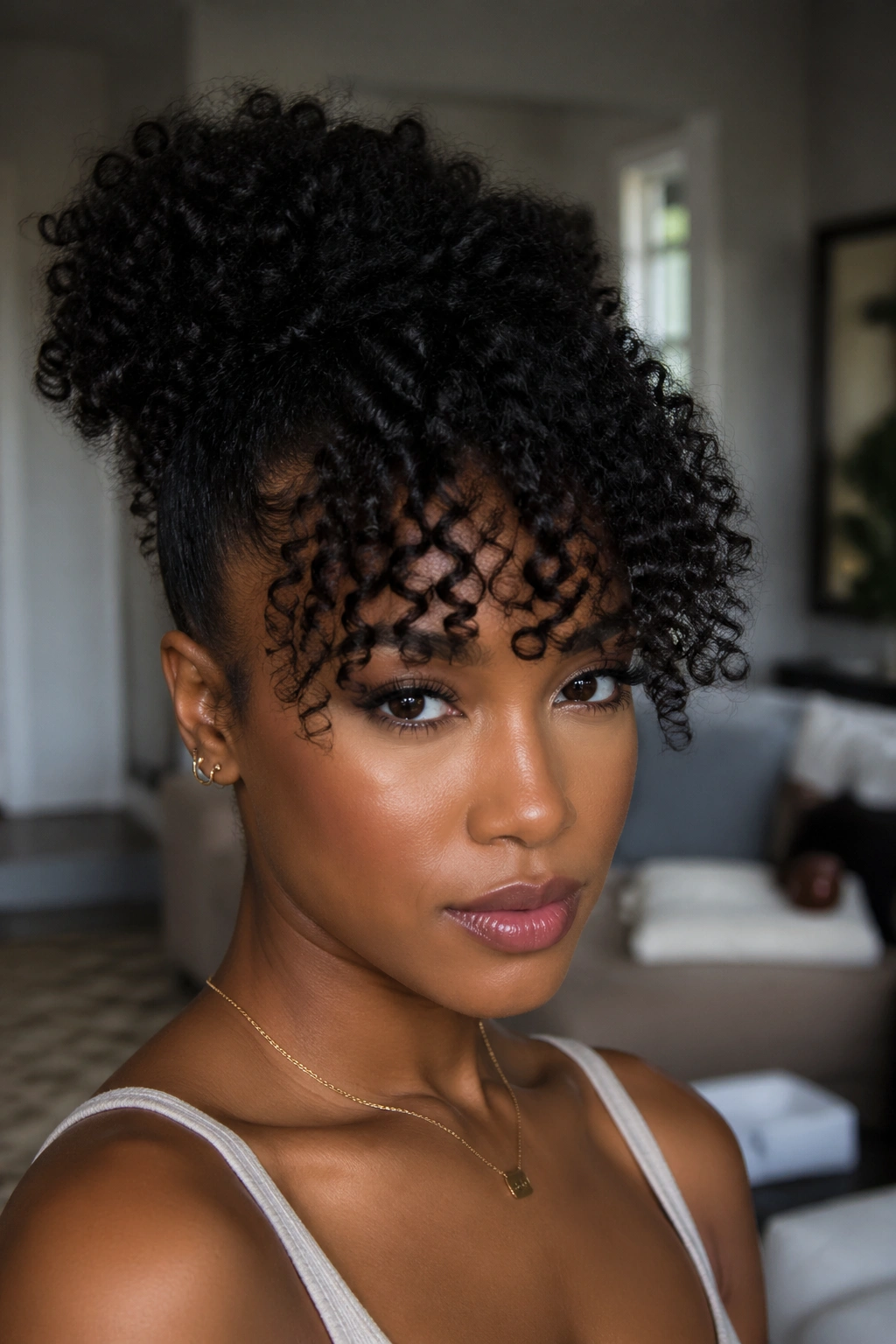 Close-up of a woman with a forward-falling curly fringe.