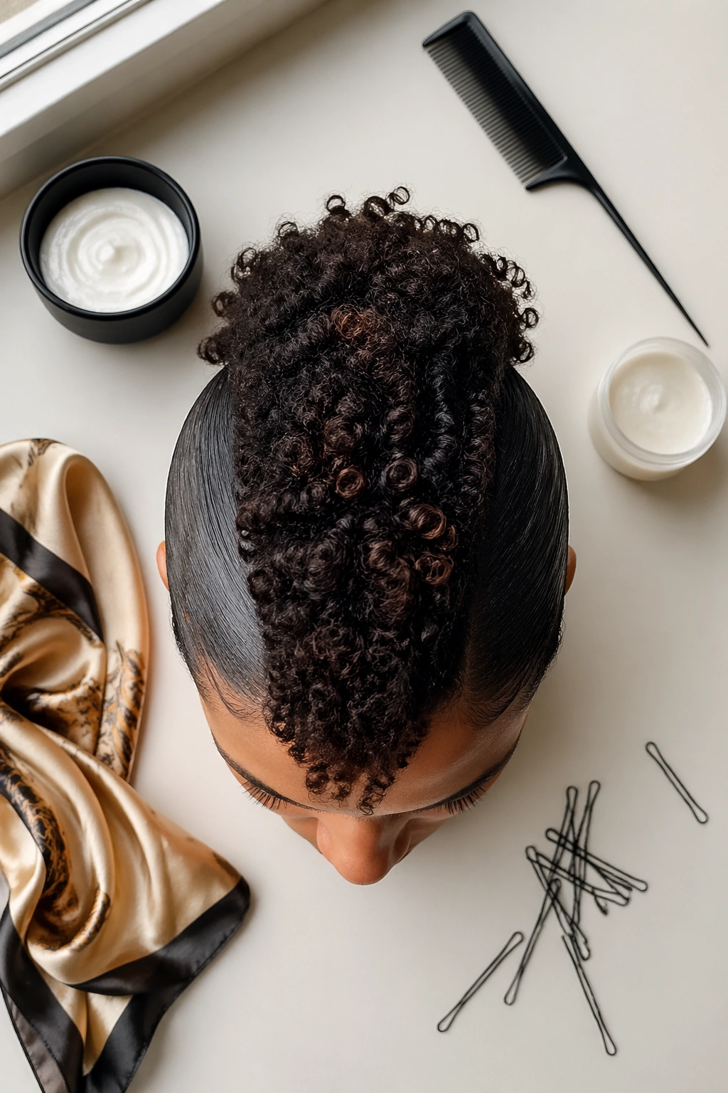 Overhead flat-lay of curly frohawk hairstyle and accessories