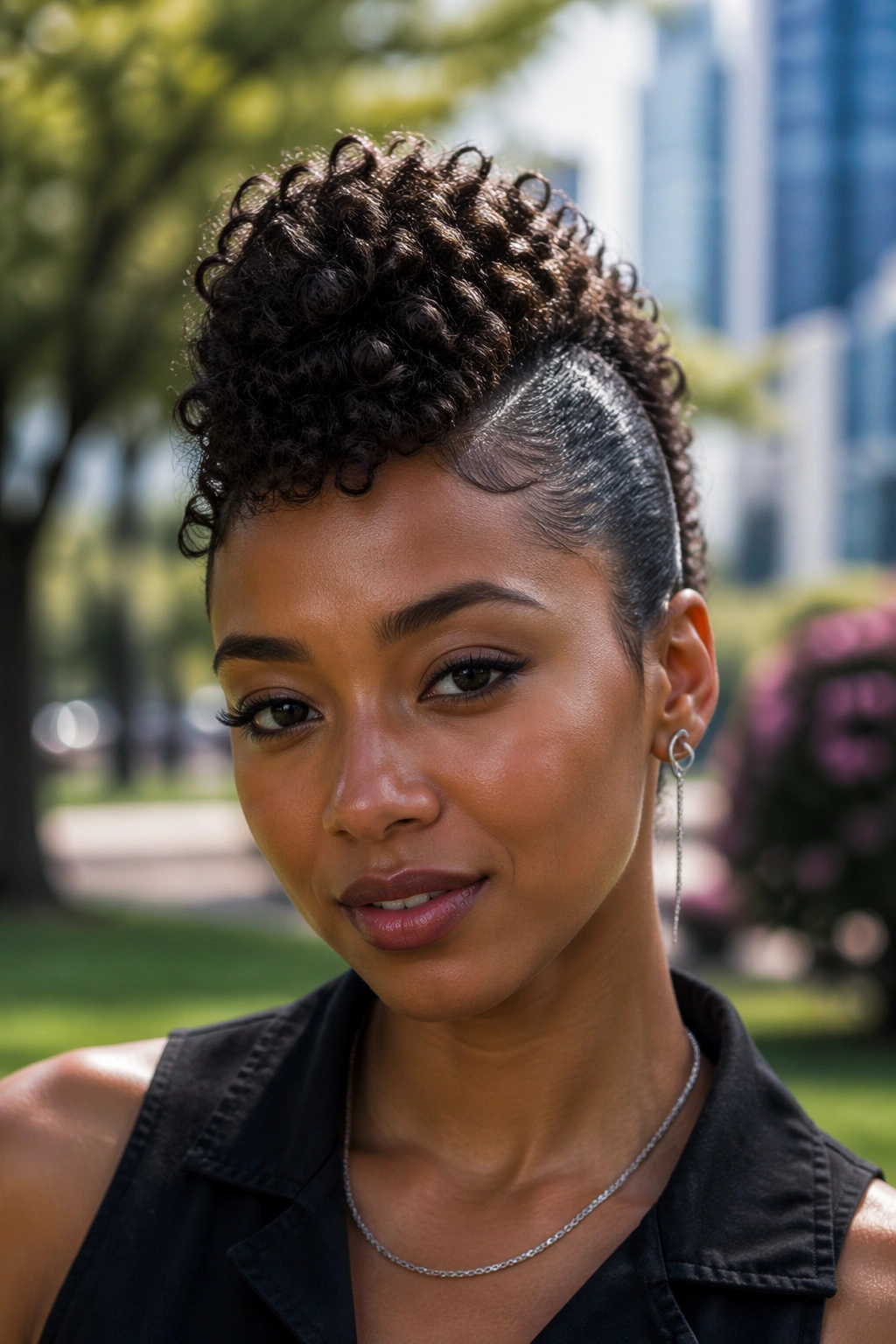 Close-up of a real person with a curly frohawk