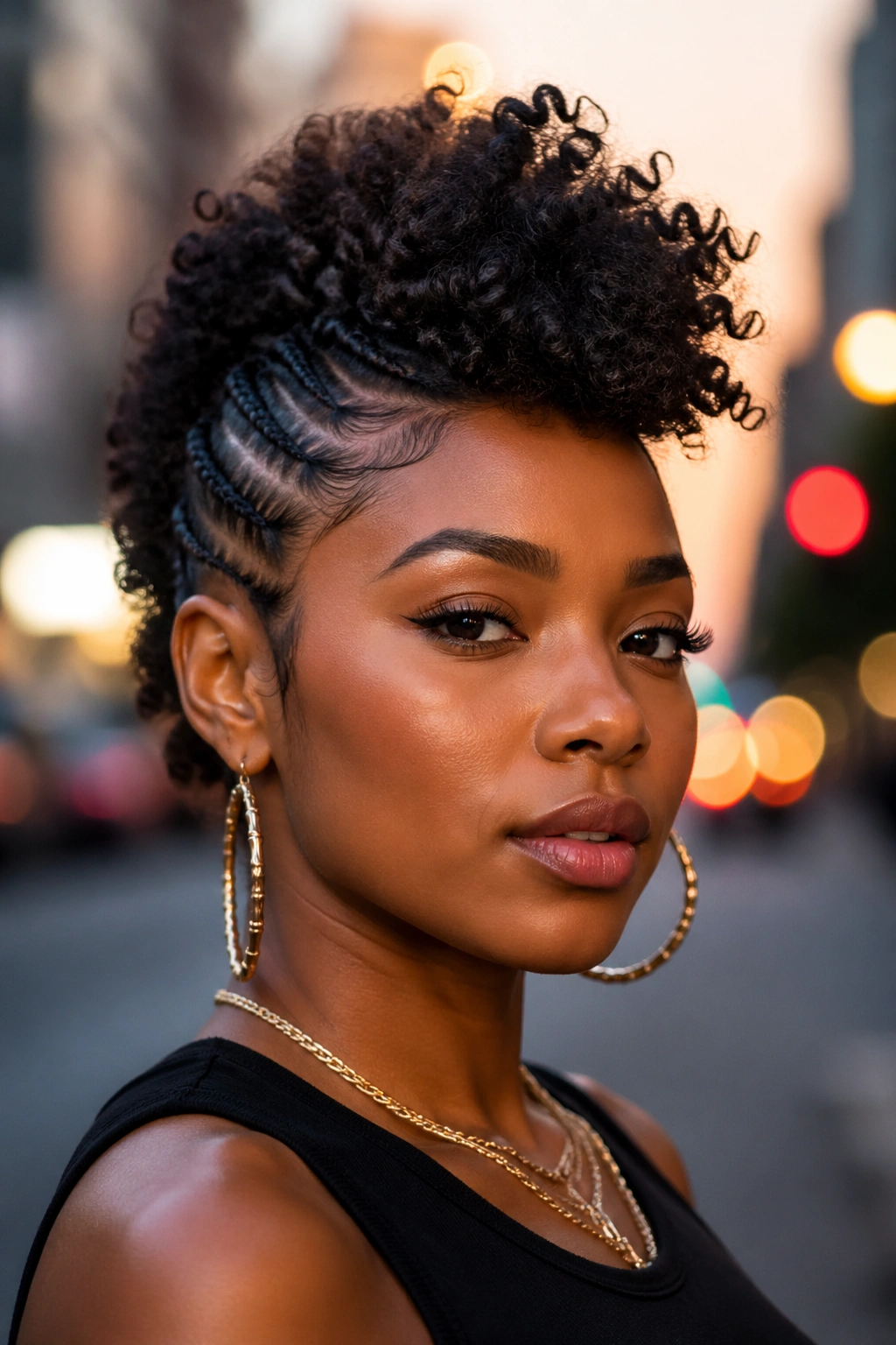 Close-up of a real woman with curly frohawk hairstyle in urban setting