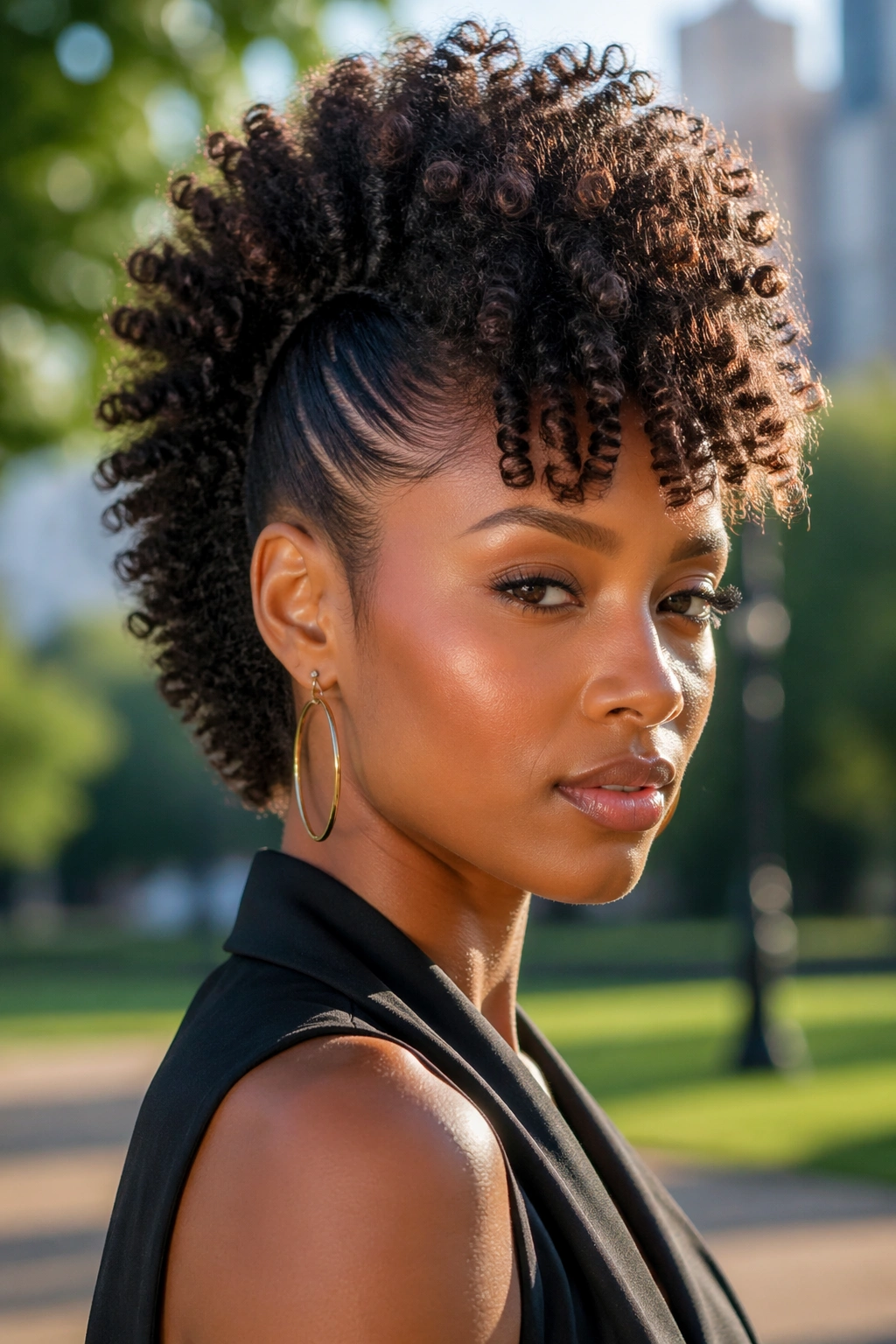 Close-up of real Black woman with curly frohawk in a park