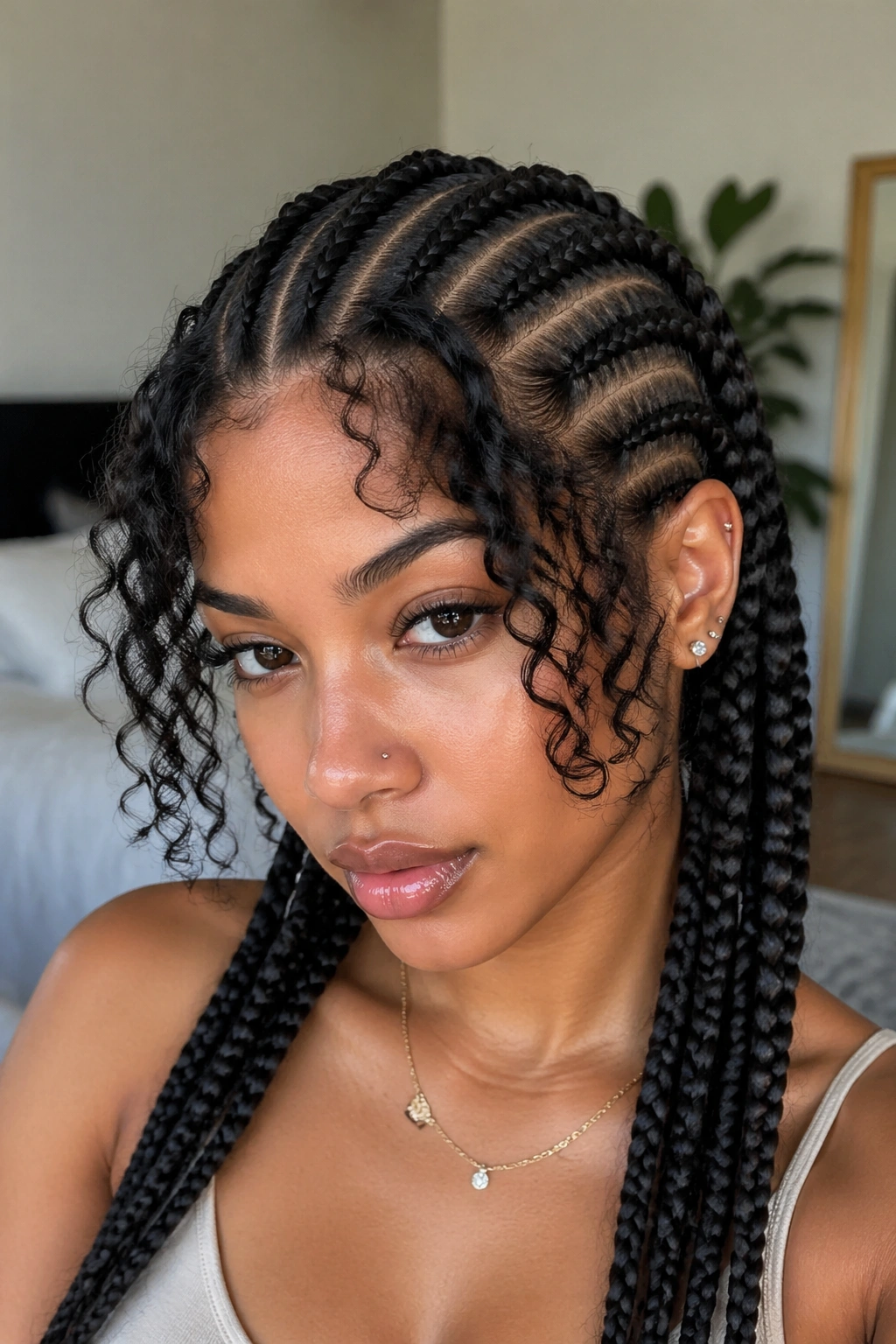 Close-up of five cornrows with curly front bangs framing the face
