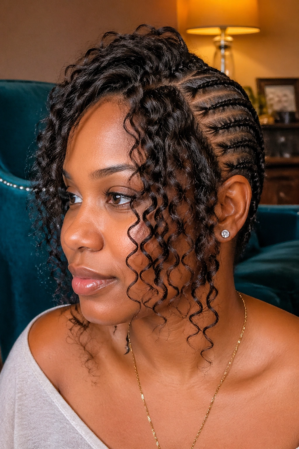 Close-up of a real woman with curly front-out hair and cornrows behind