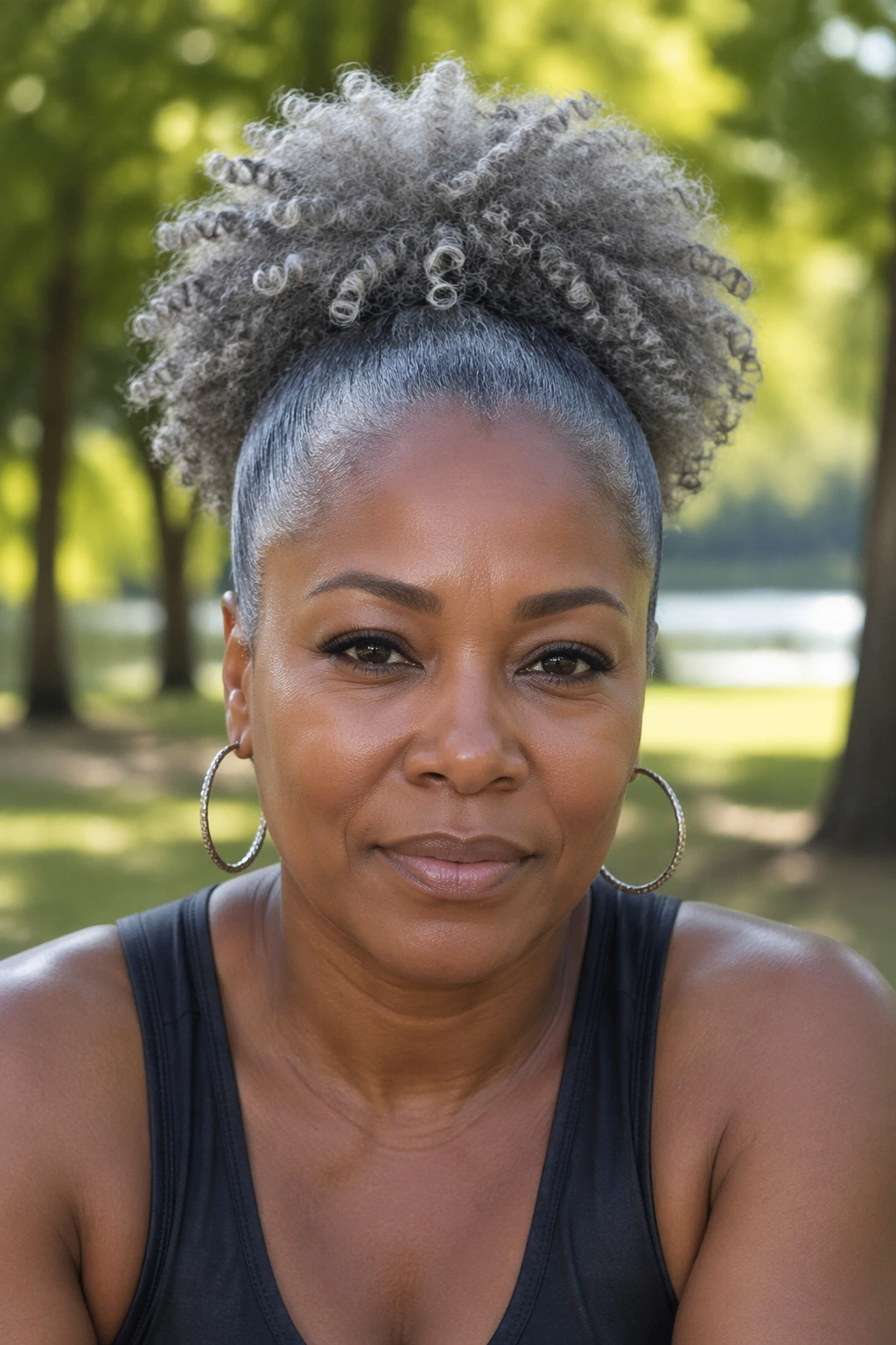 Close-up of a real woman with a curly gray puff ponytail.