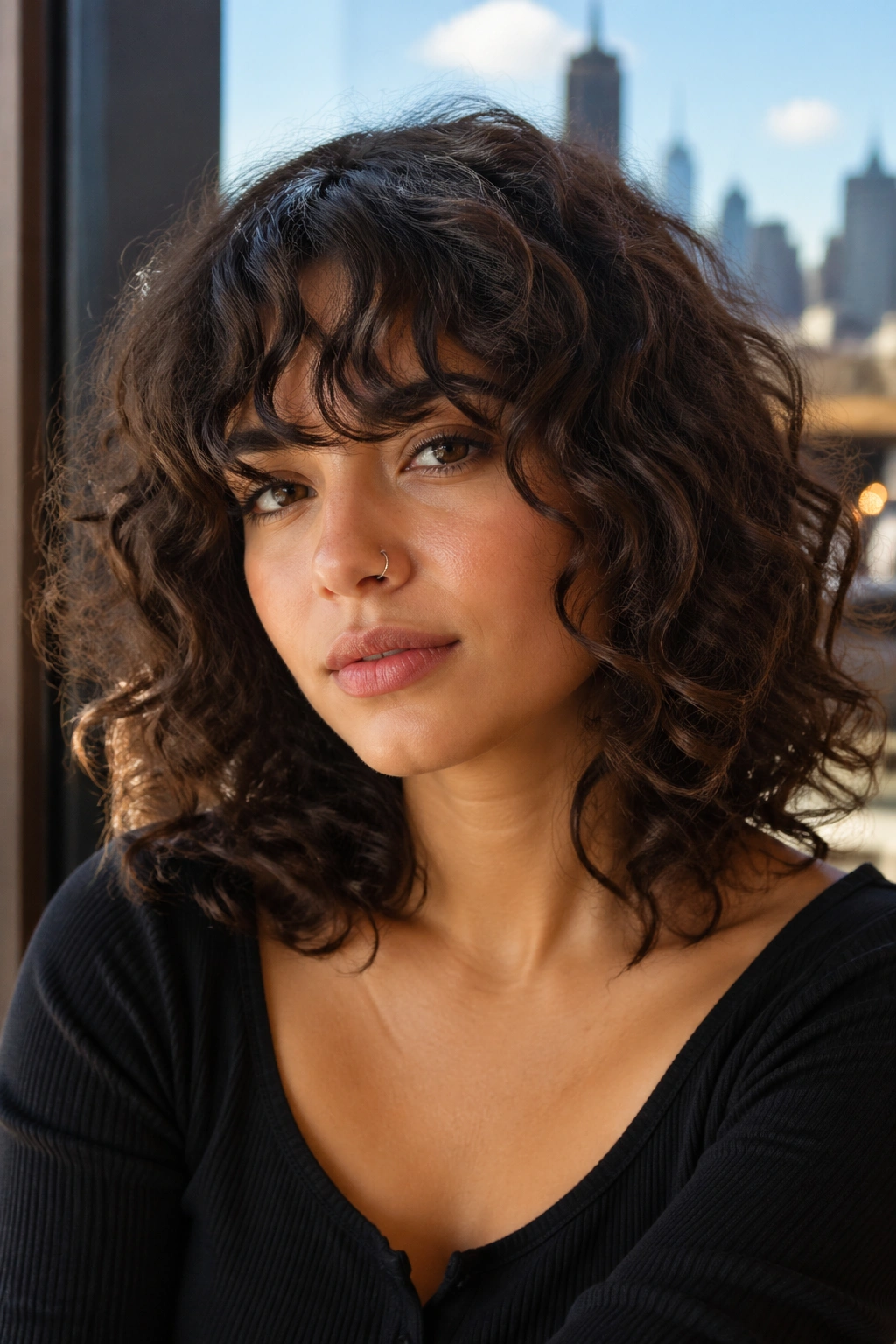 Real person with eyebrow-skimming bangs on medium curls in natural daylight at a cafe