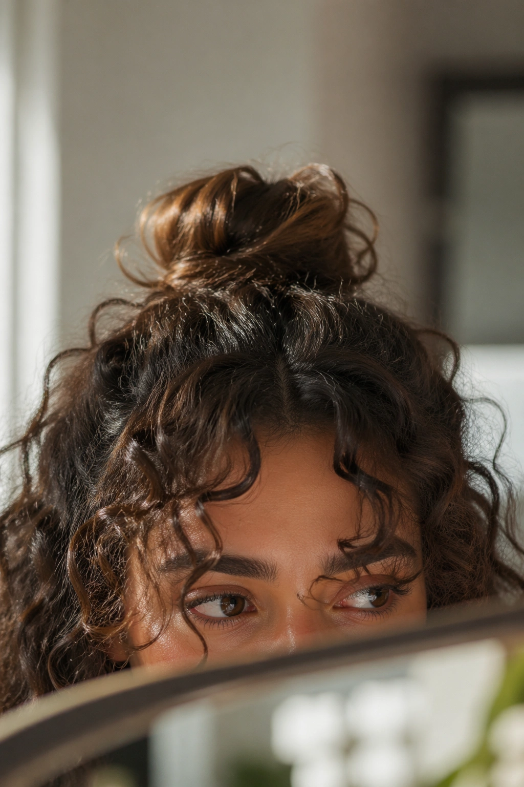 Close-up of curly bangs and tiny top knot in soft bathroom light