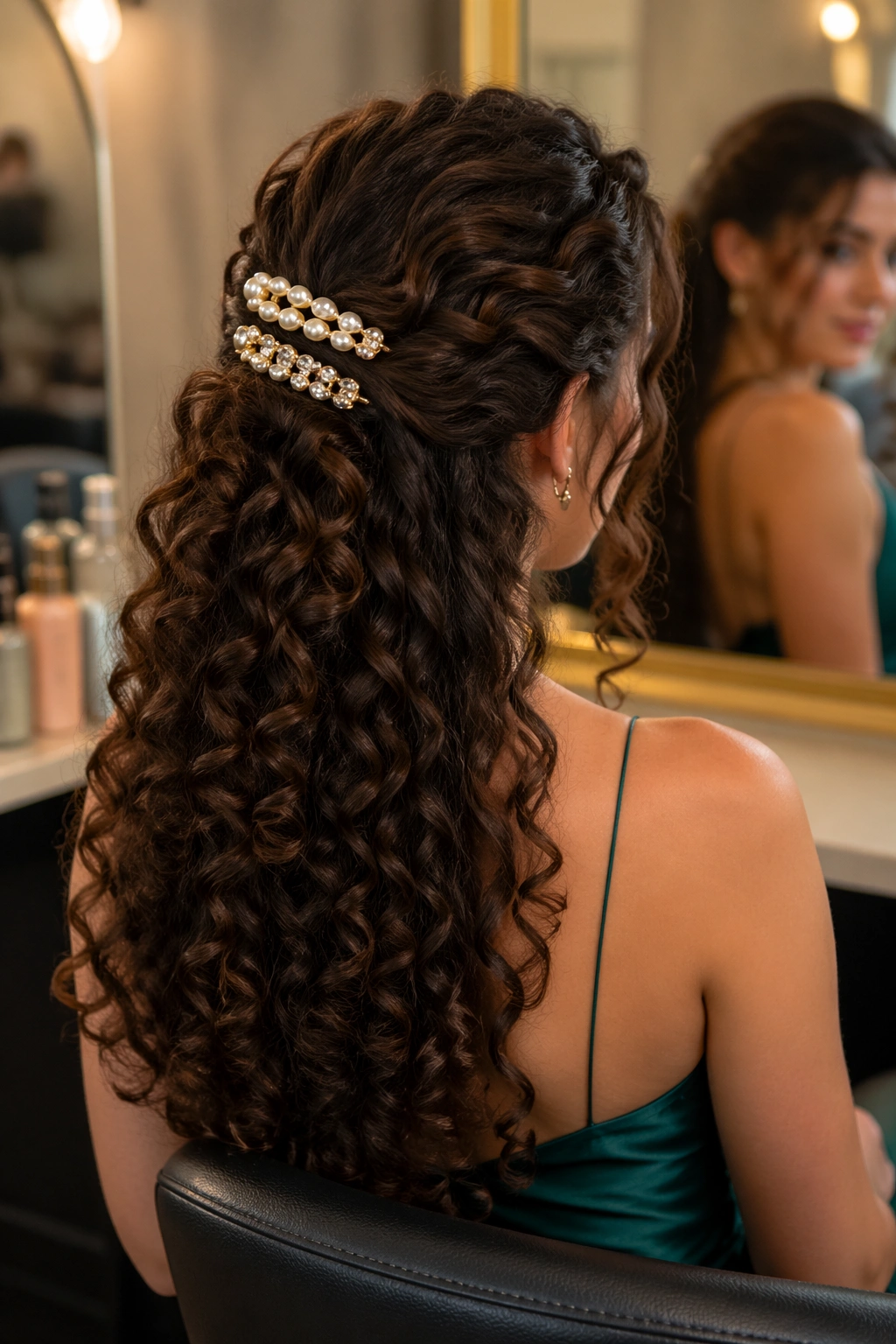 Cropped shot of clipped-back curly crown with statement barrettes in a salon.