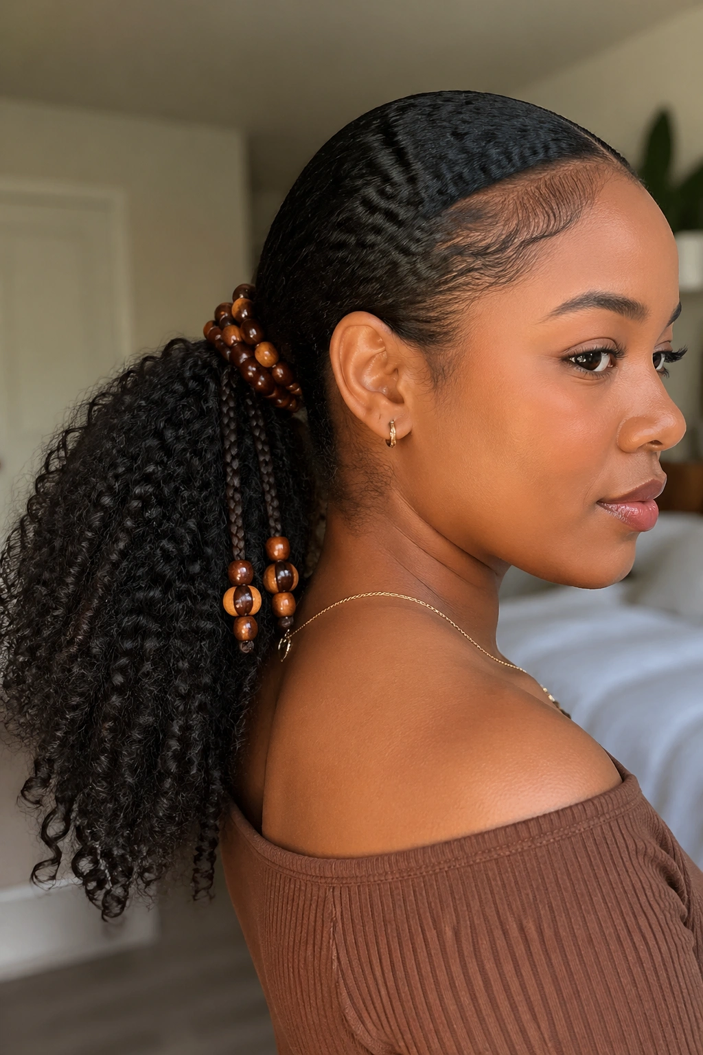 Close-up portrait of a real woman with Curly Ponytail Wrapped with Beaded Braids showing beaded wraps at the base.