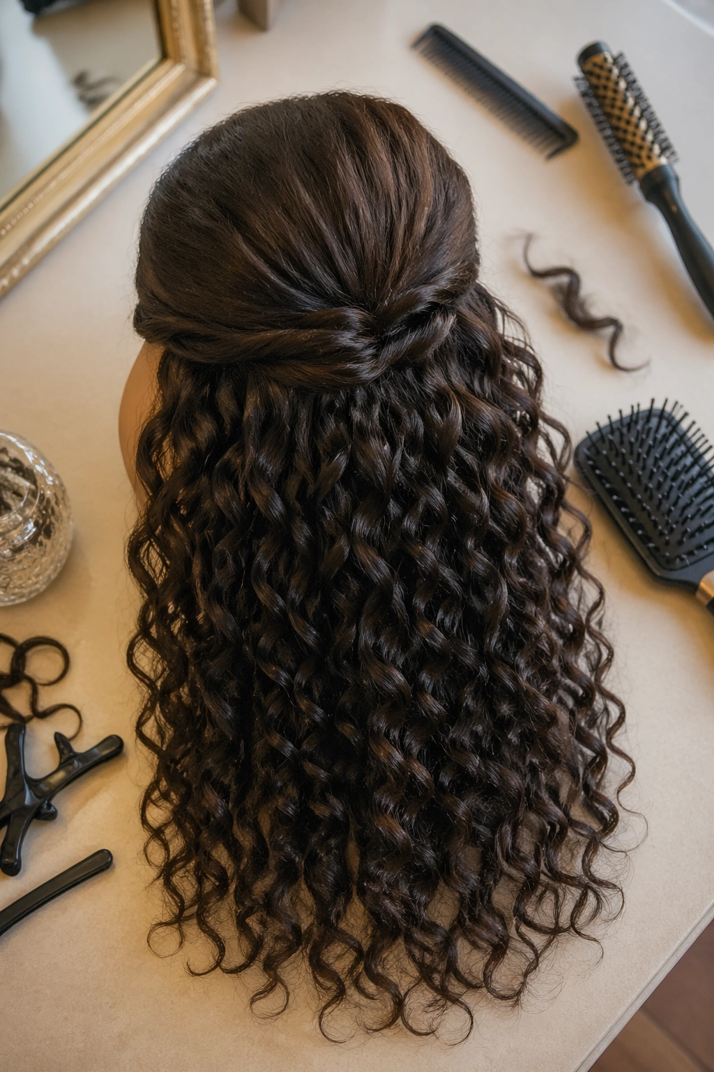Top-down flat-lay of curls with a lifted crown and flowing ends.