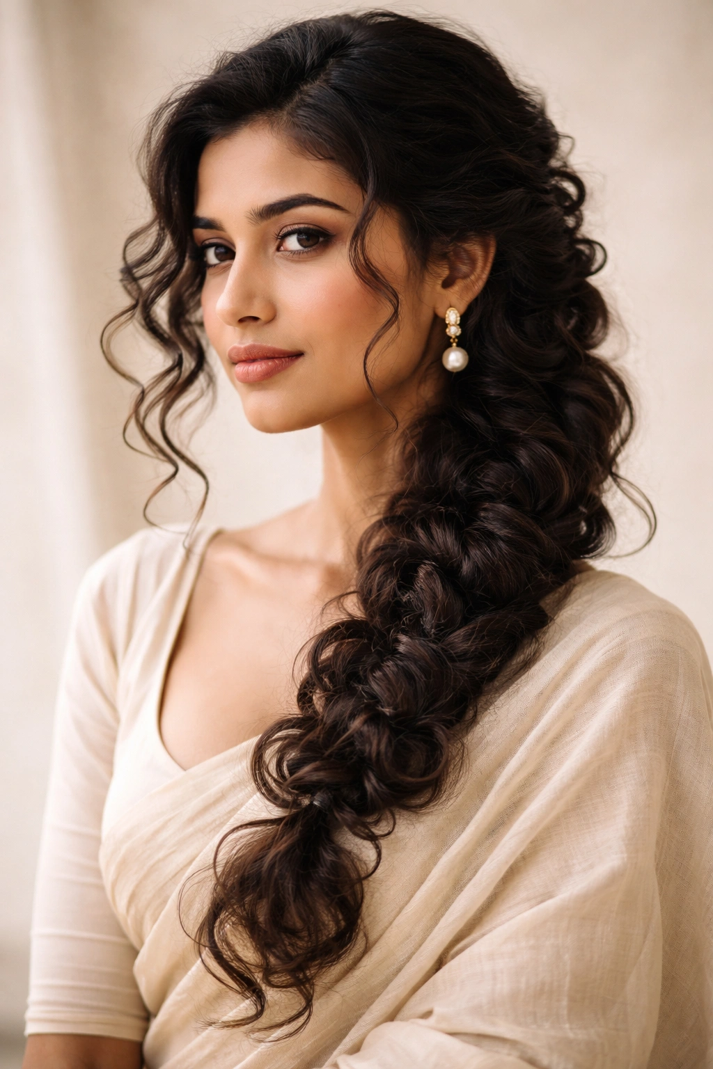 Close-up of a loose curly side braid with face-framing tendrils