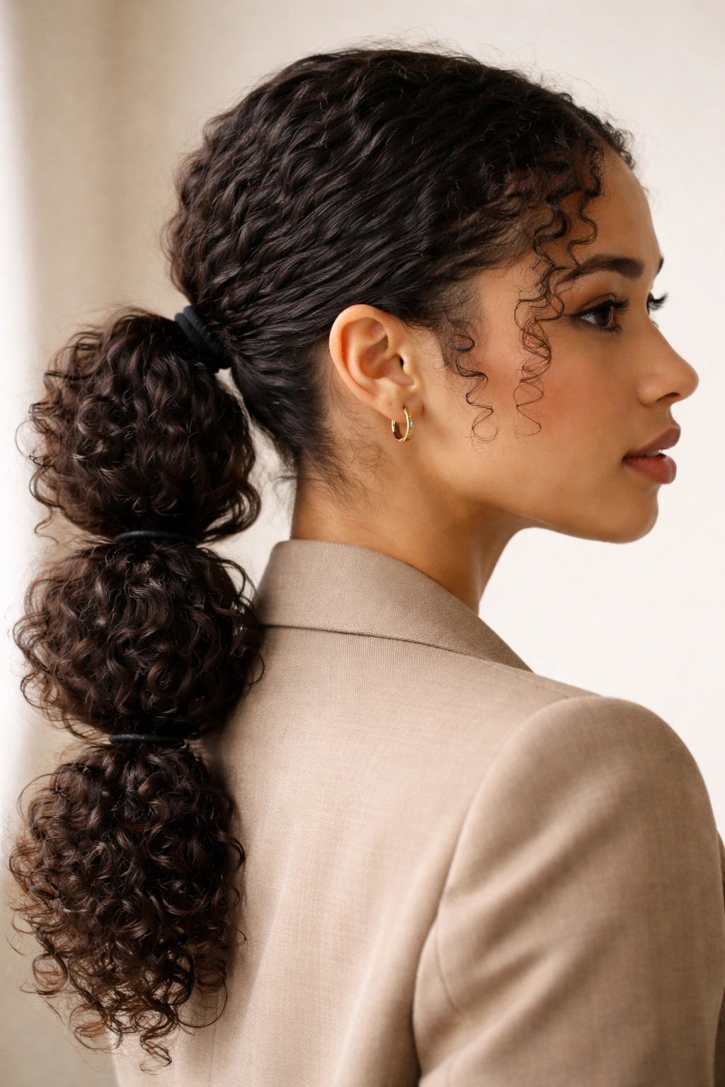 Close-up of a curly-haired model showing a bubble low ponytail with defined bubbles.