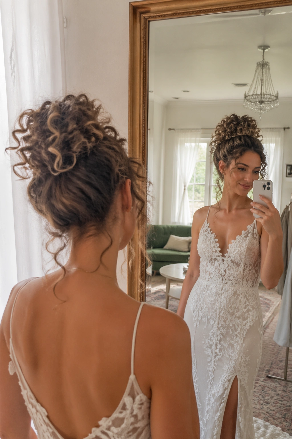 Mirror-selfie view of Curly Top Bun highlighting natural curls.