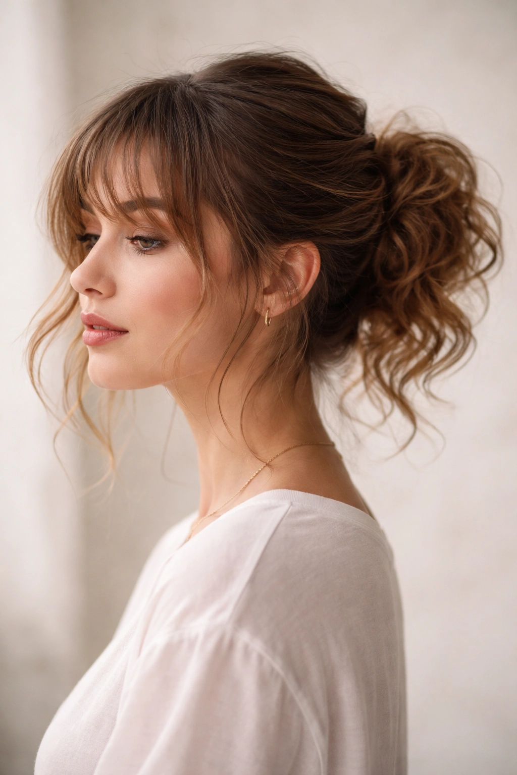 Model with a low messy bun-tail and wispy bangs in soft studio lighting.