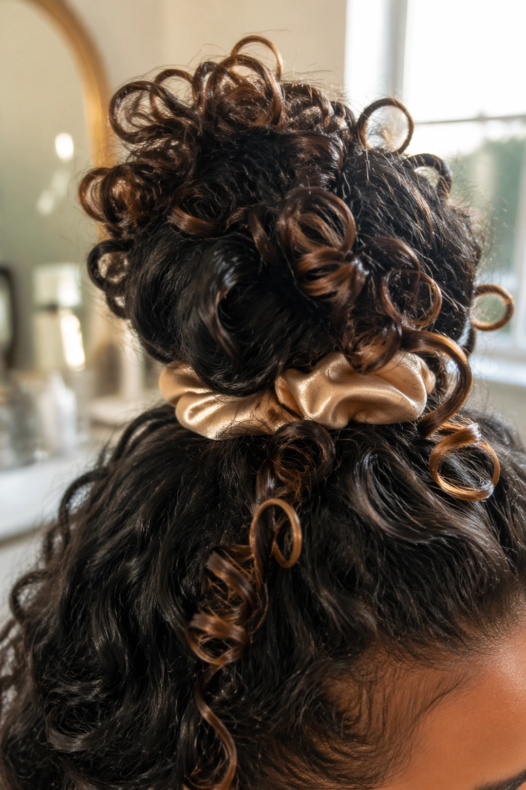 Close-up of high pineapple bun with spiral curls and satin scrunchie.