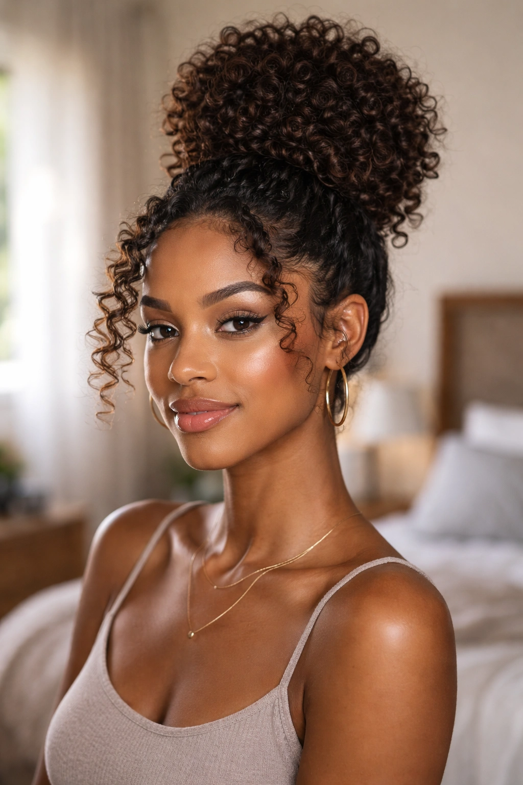 Close-up of a real woman with a high curly bun and framing curls in warm window light