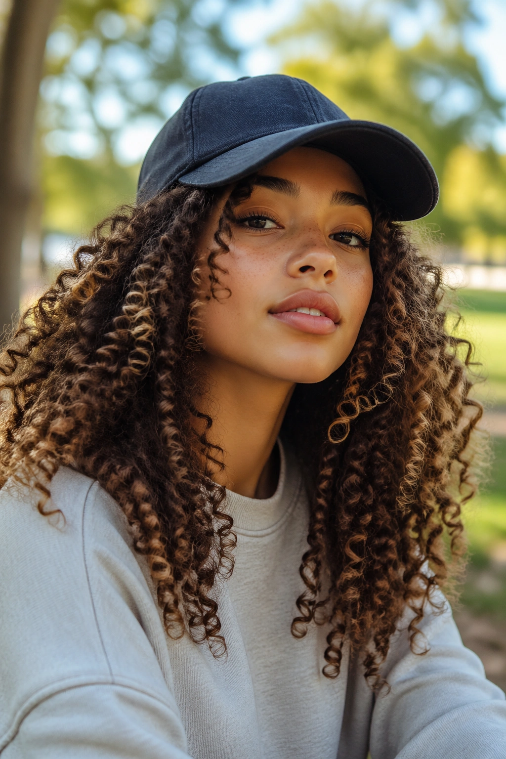 Close-up portrait of a real person with curly hair spilling from under a baseball cap in a park