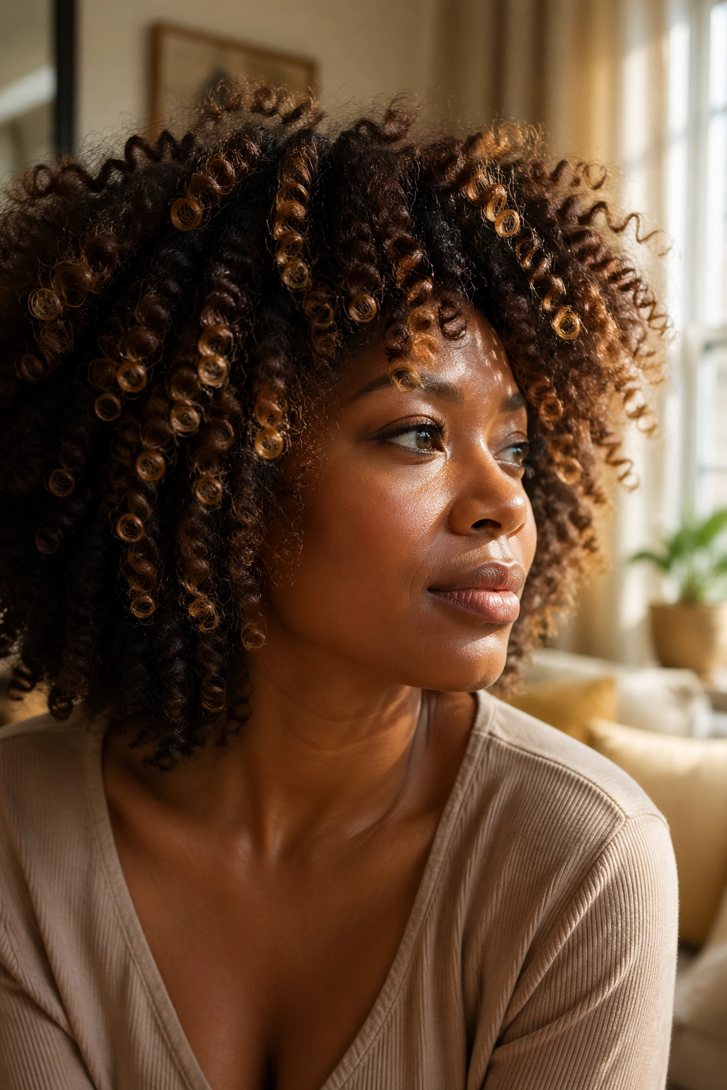 Close-up of a Black woman's curly natural hair showing dimensional color differences in natural light
