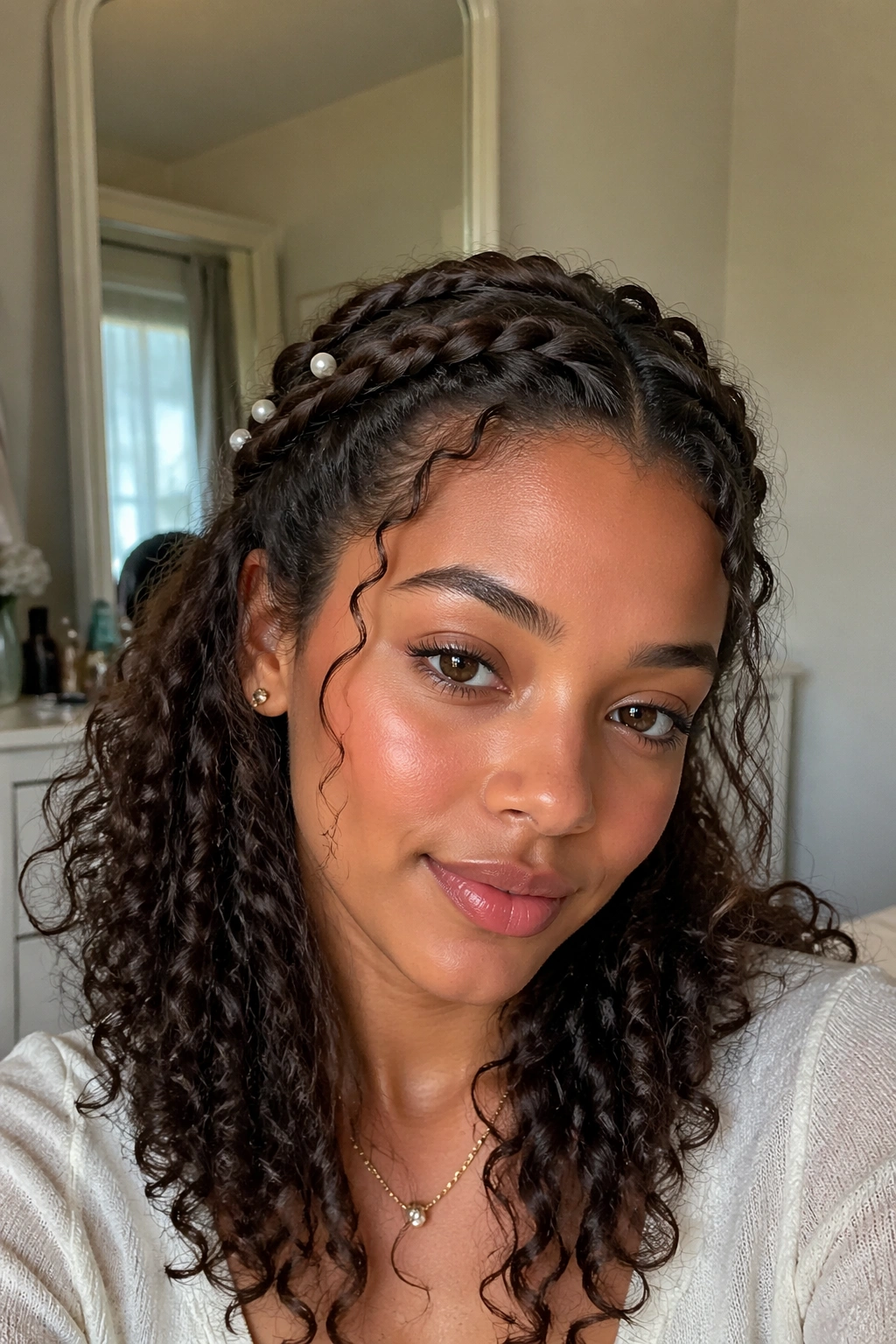 Close-up of curly braided crown half-up on 3b curls in a bedroom mirror