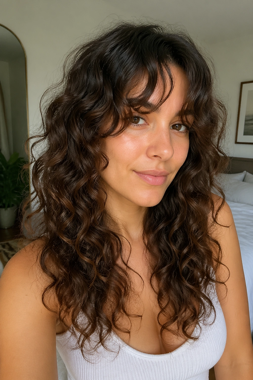 Close-up of a real woman with long curly hair featuring layers and curtain bangs.