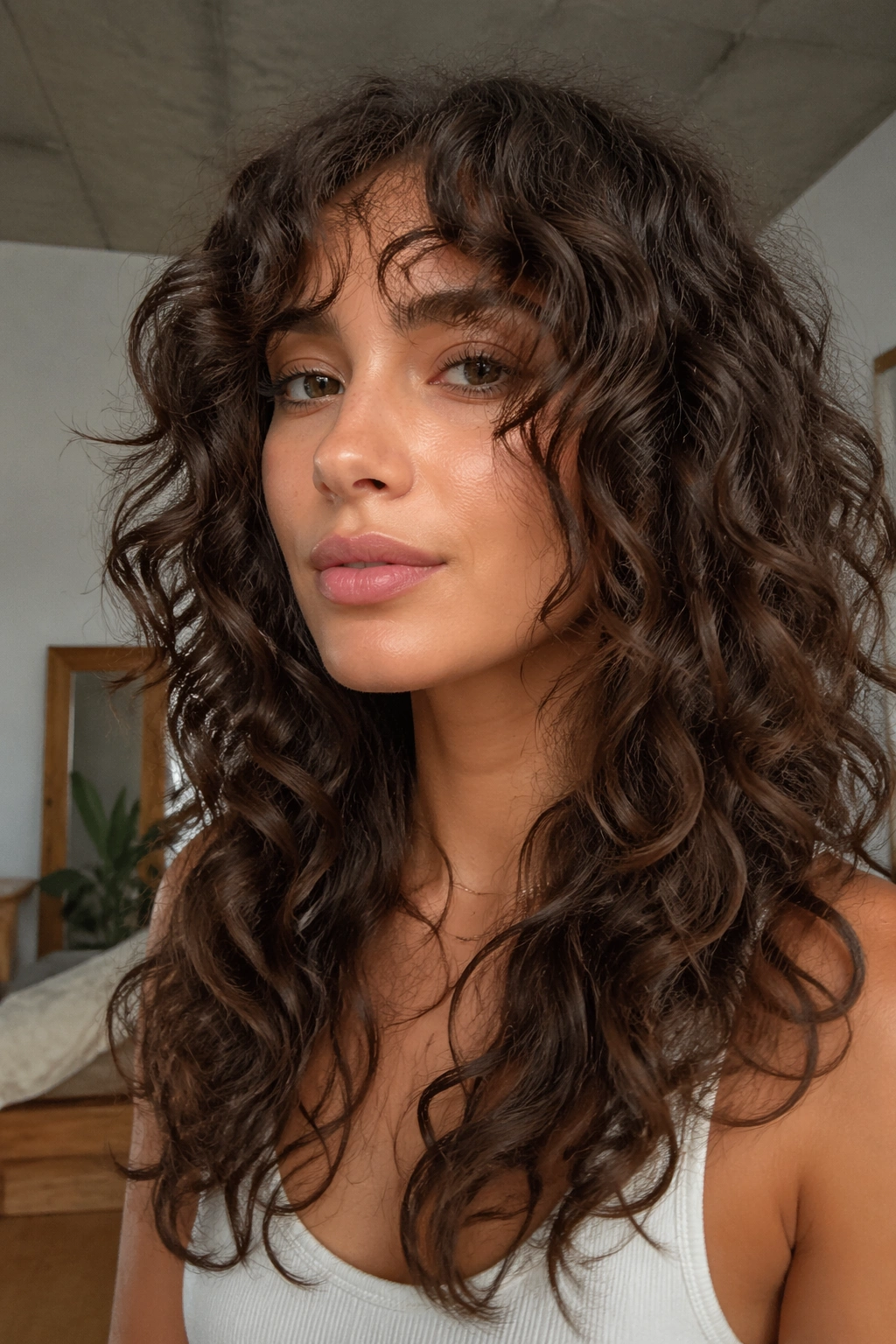 Close-up of curly curtain bangs with long layers framing the face