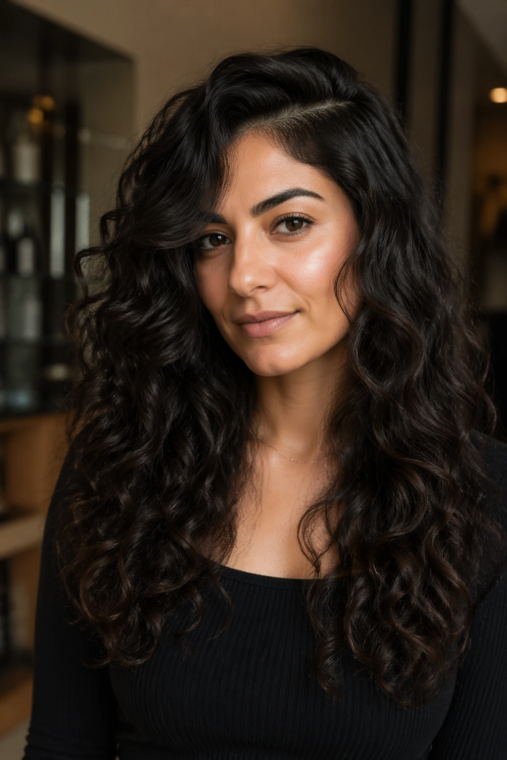 Side-parted long curls with cheekbone layers framing the face