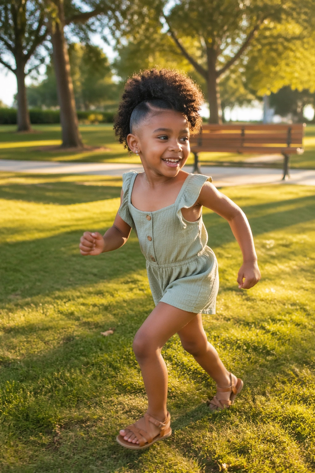 Girl with side-part frohawk puff in a sunny park.