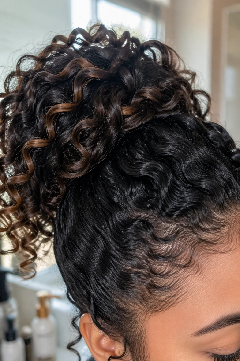 Close-up of wraparound curly ponytail at crown showing texture.