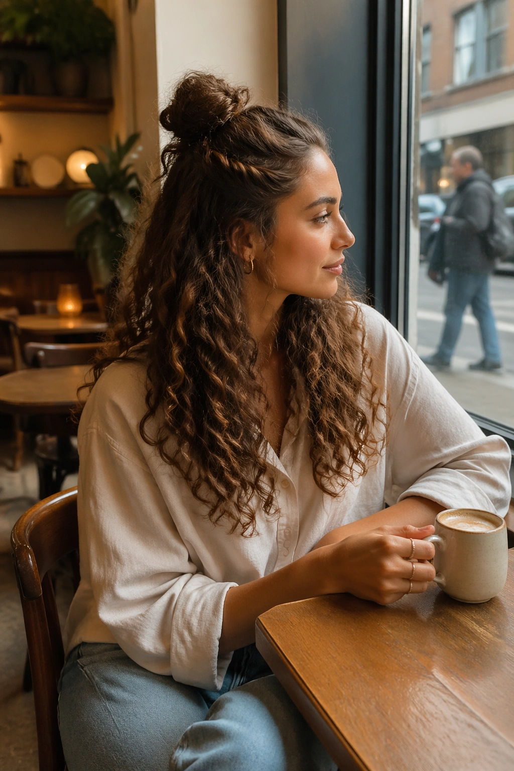 Women with twisted temple half bun at cafe window in daylight.