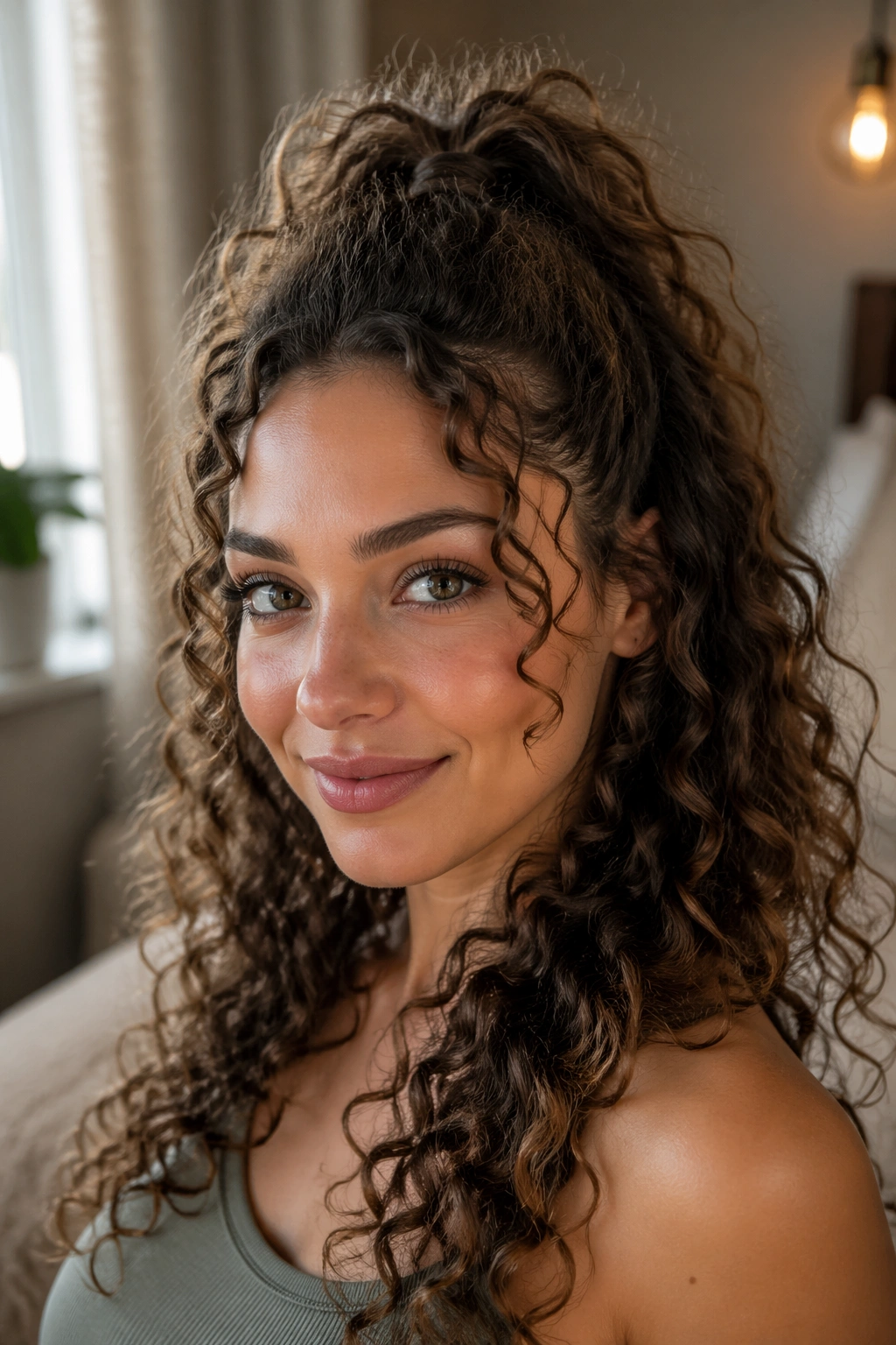 Close-up of a real woman with curly hair in a half-up ponytail, curls framed around the face.