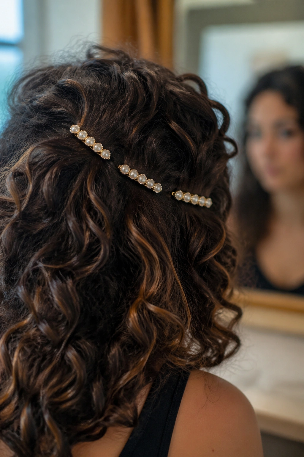 Close-up of curved barrettes along crown on curly hair