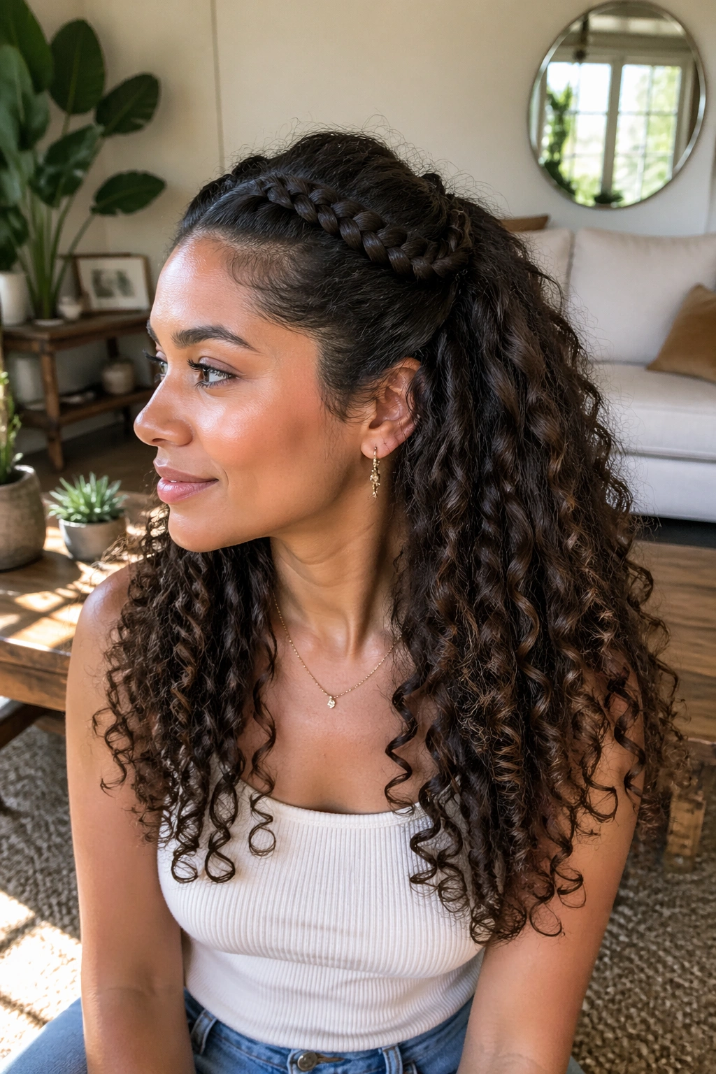 Curly hair with braided front anchor in sunlit living room