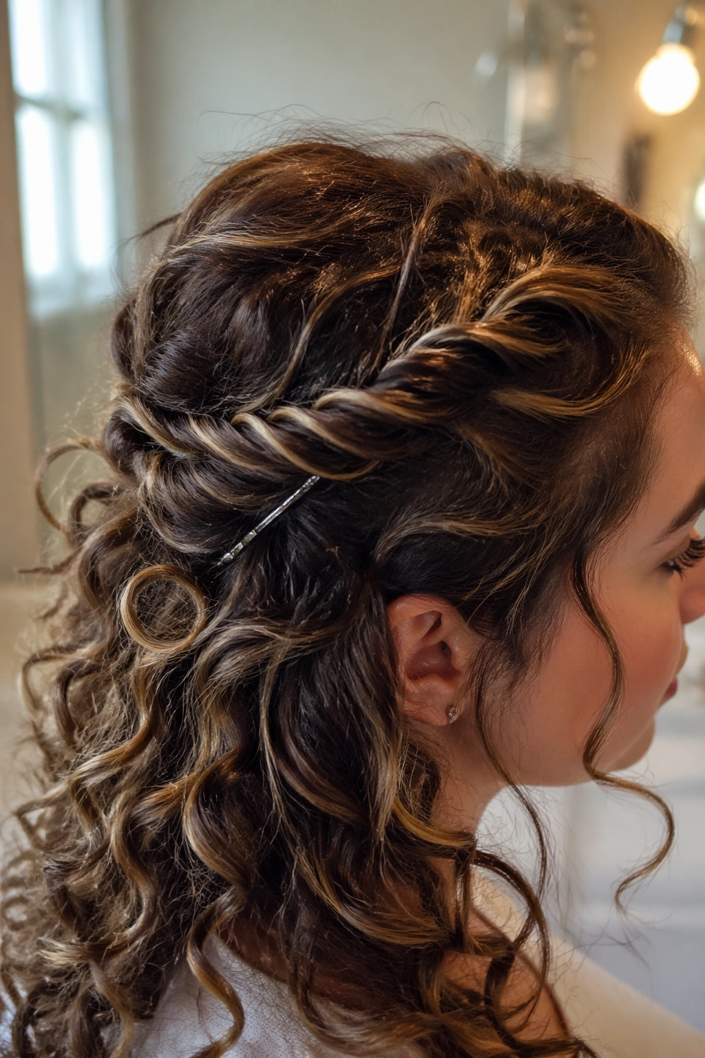 Macro close-up of crown twist in loose curls with warm bathroom lighting.