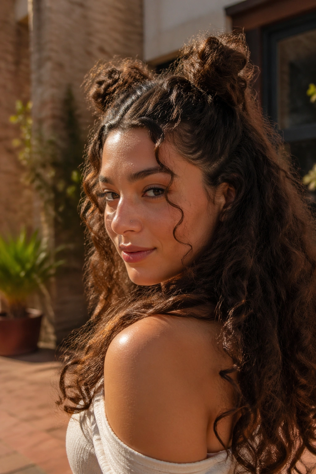 Hero shot of side-swept mini buns at crown on curly hair