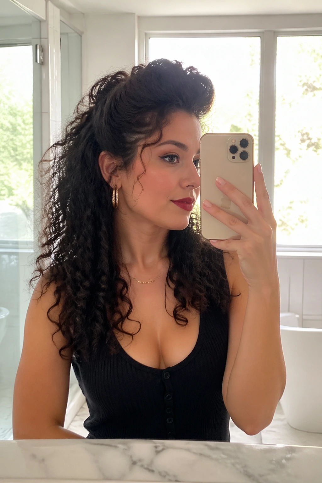 Mirror-selfie of retro pompadour half-up on curly hair