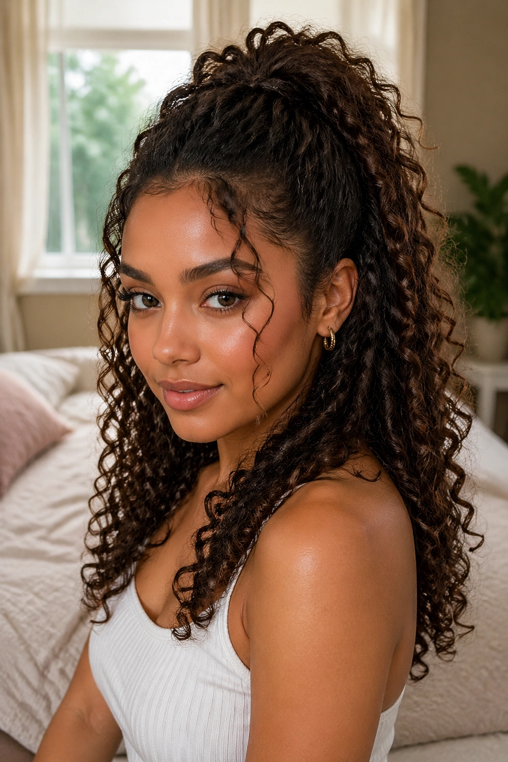 Close-up portrait of a real woman with curly hair in a half-up ponytail