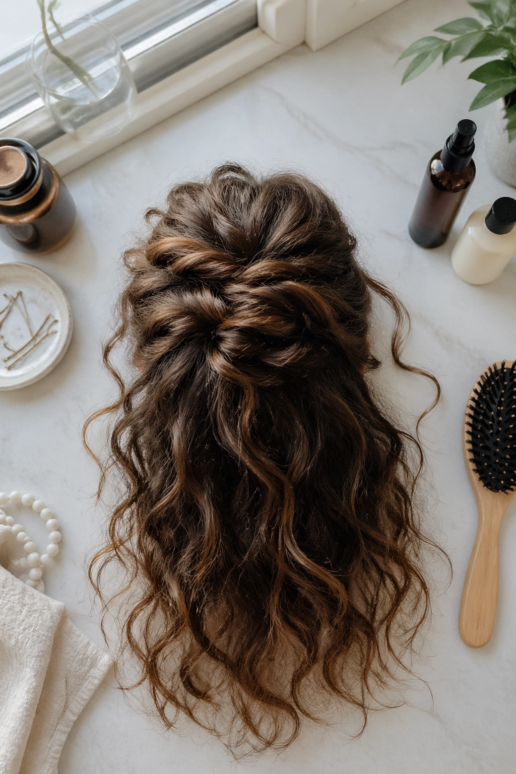 Overhead flat-lay of loose tendril half-up hairstyle